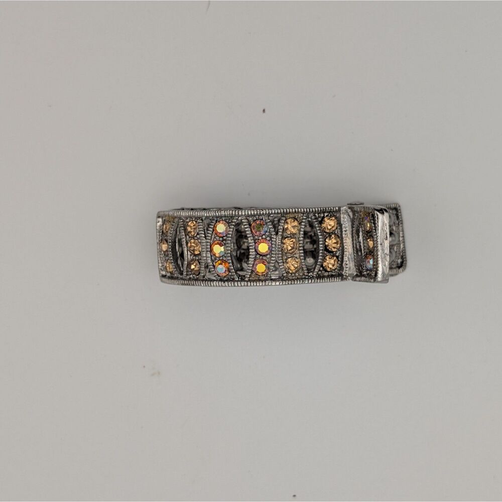 Vintage Silver Tone Rhinestone Hair Barrette Clip Amber Aurora Stones
